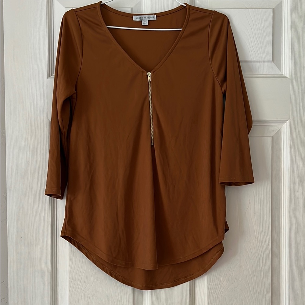 Green Envelope Asymmetrical Brown 3/4 Sleeve Blouse